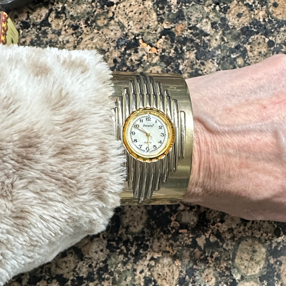 Vintage 90s Bonetto Statement Cuff Watch – Bold Gold & Silver Art Deco Style